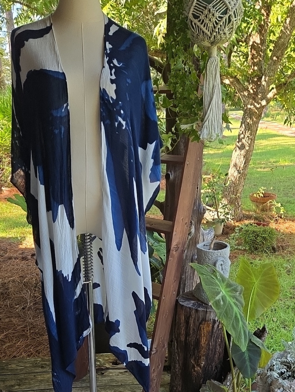 Blue And White Abstract Butterfly Print Lightweight Duster One Size